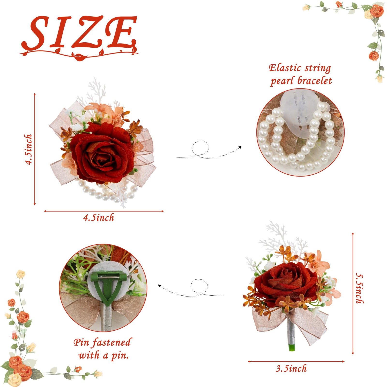 2 pcs Wrist Corsage and Boutonniere Set, Orange Rose Wrist Corsage Wristlet B…