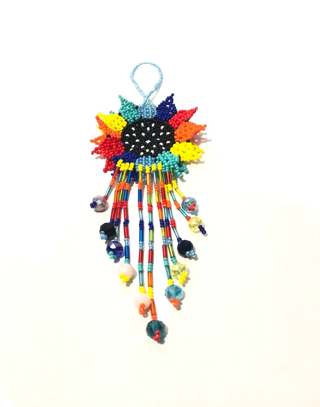 Hand Made Beaded Colorful Mexican Sunflower 5” Seed Bead Dangle Charm Ornament.