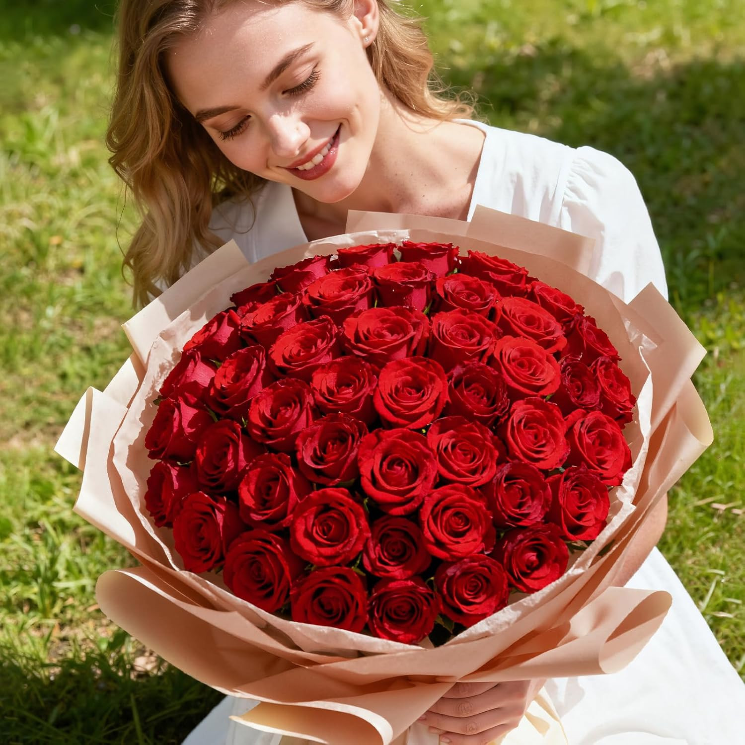 50 Pcs Red Artificial Roses Flowers in Bulk, Fake Long Stem Silk Roses for DIY W