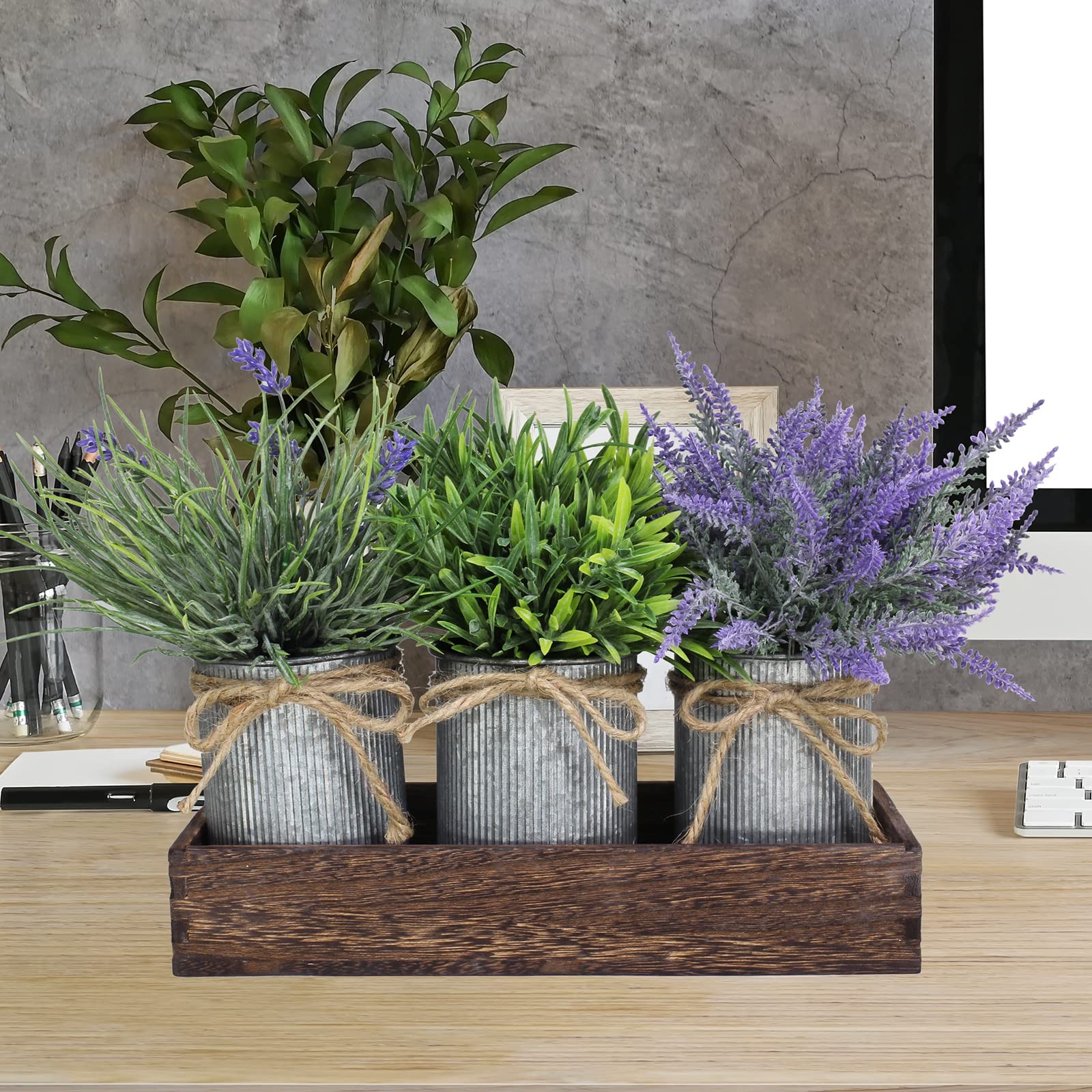 Set of 3 Small Potted Plants Arrangement Artificial Lavender and Grass Plants…