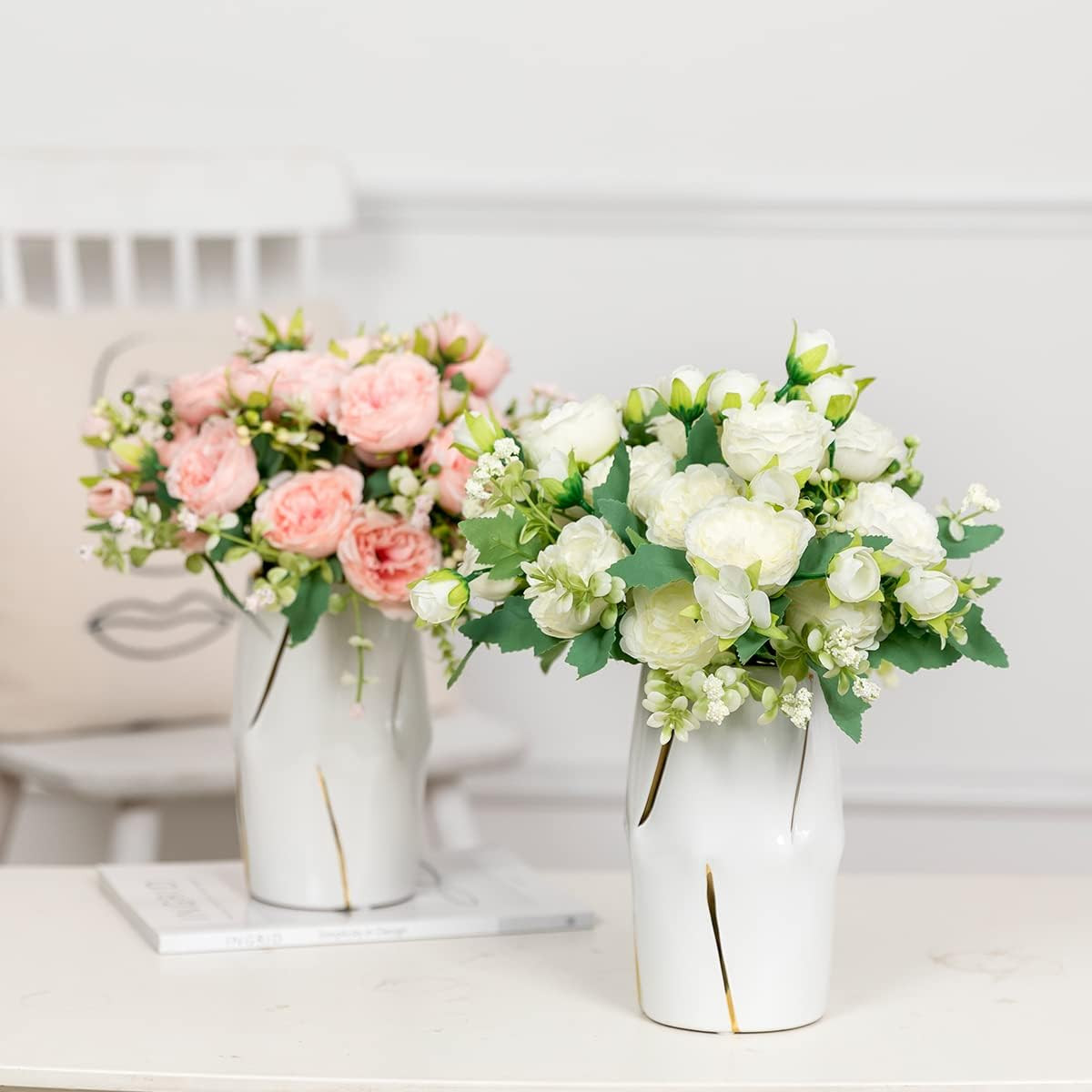 4 Bunches Peony Artificial Flowers White Flowers Silk Peonies Bouquets for Weddi