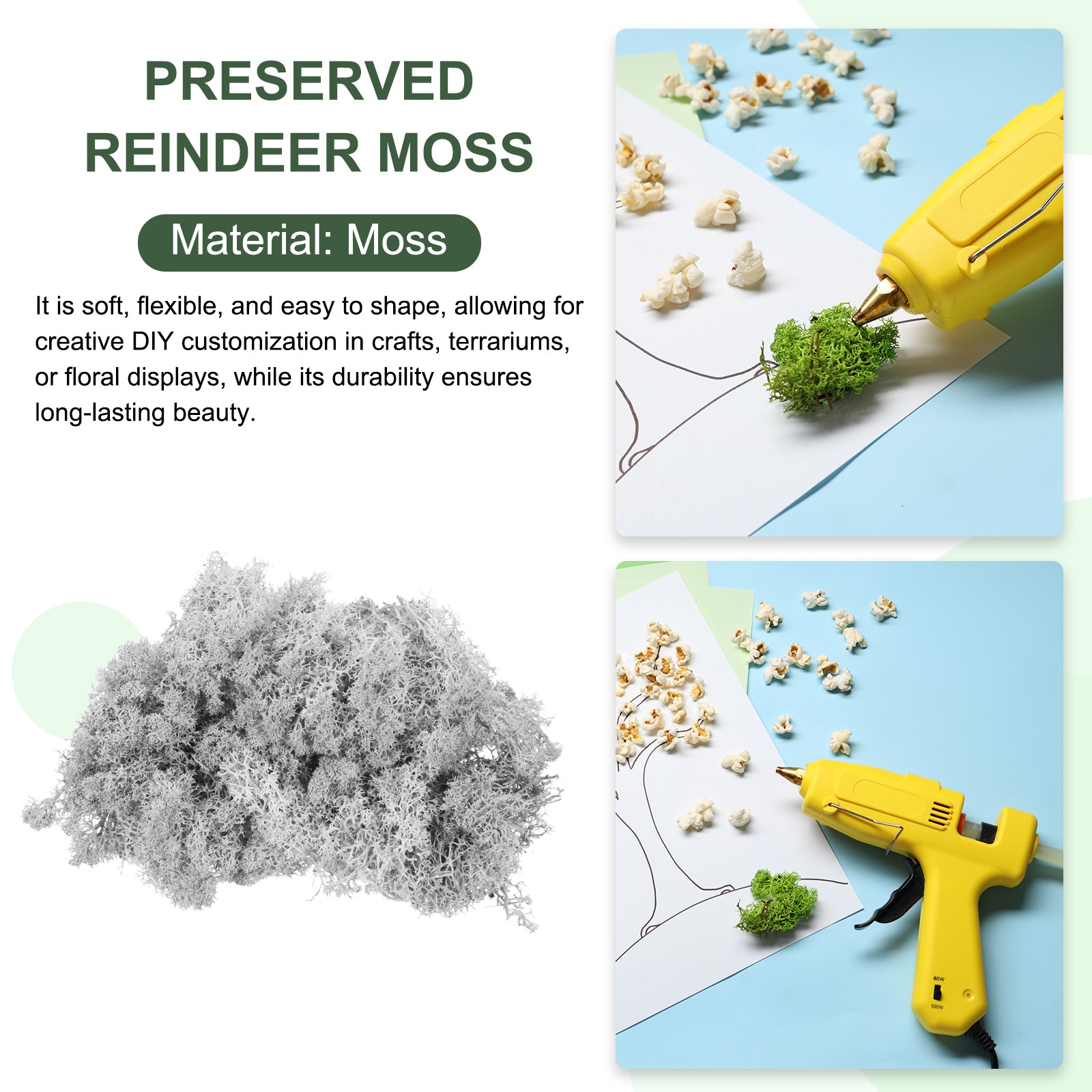 7.8oz Preserved Reindeer Moss, Light Grey Decorative Artificial Fake Moss