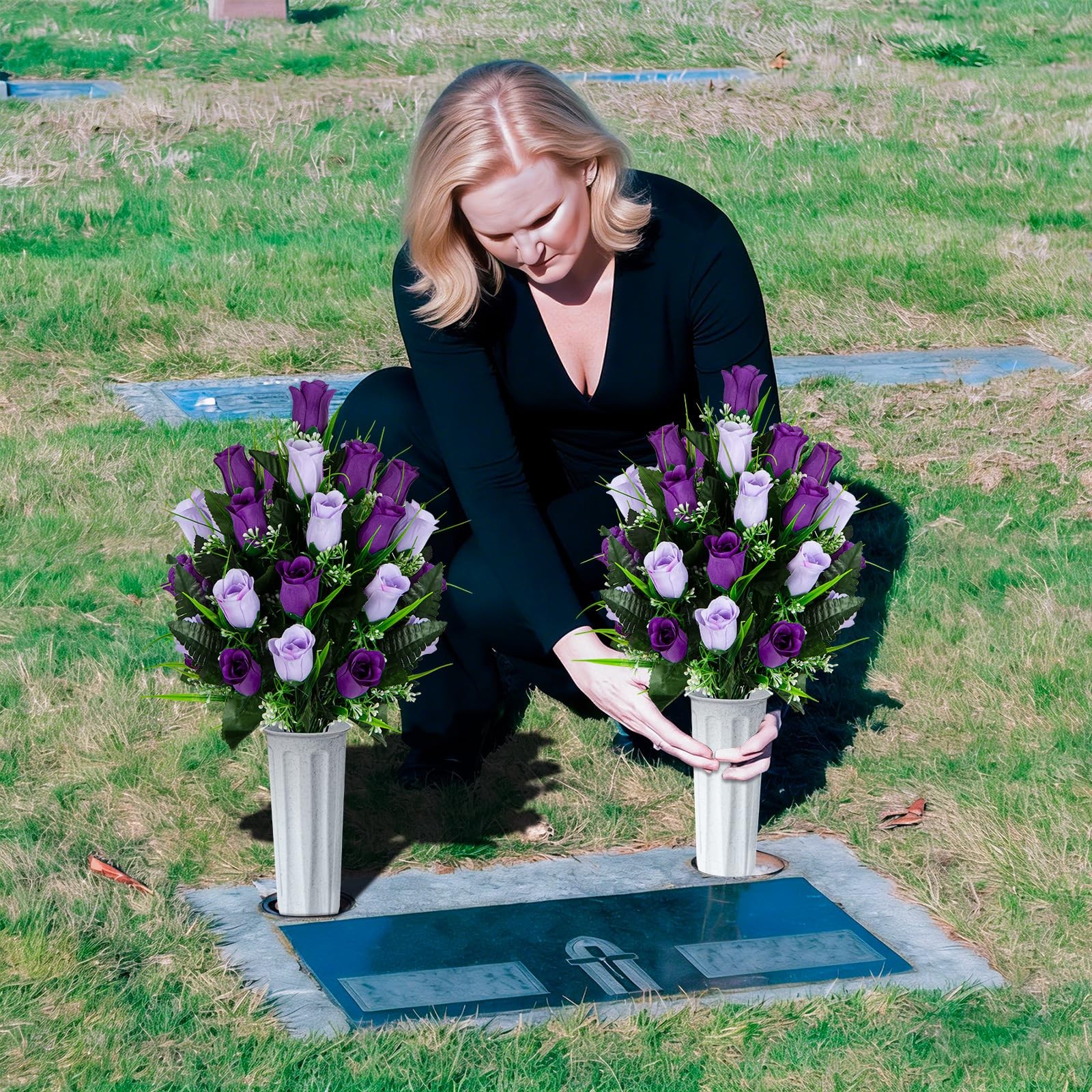 Artificial Cemetery Flowers – Set of 2 Grave Memorial Rose Flowers with Vase …