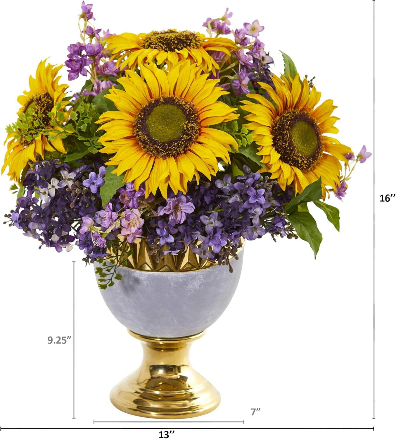 Elegant 16″ Sunflower & Lilac Urn with Gold Trim – Silk Floral Arrangements
