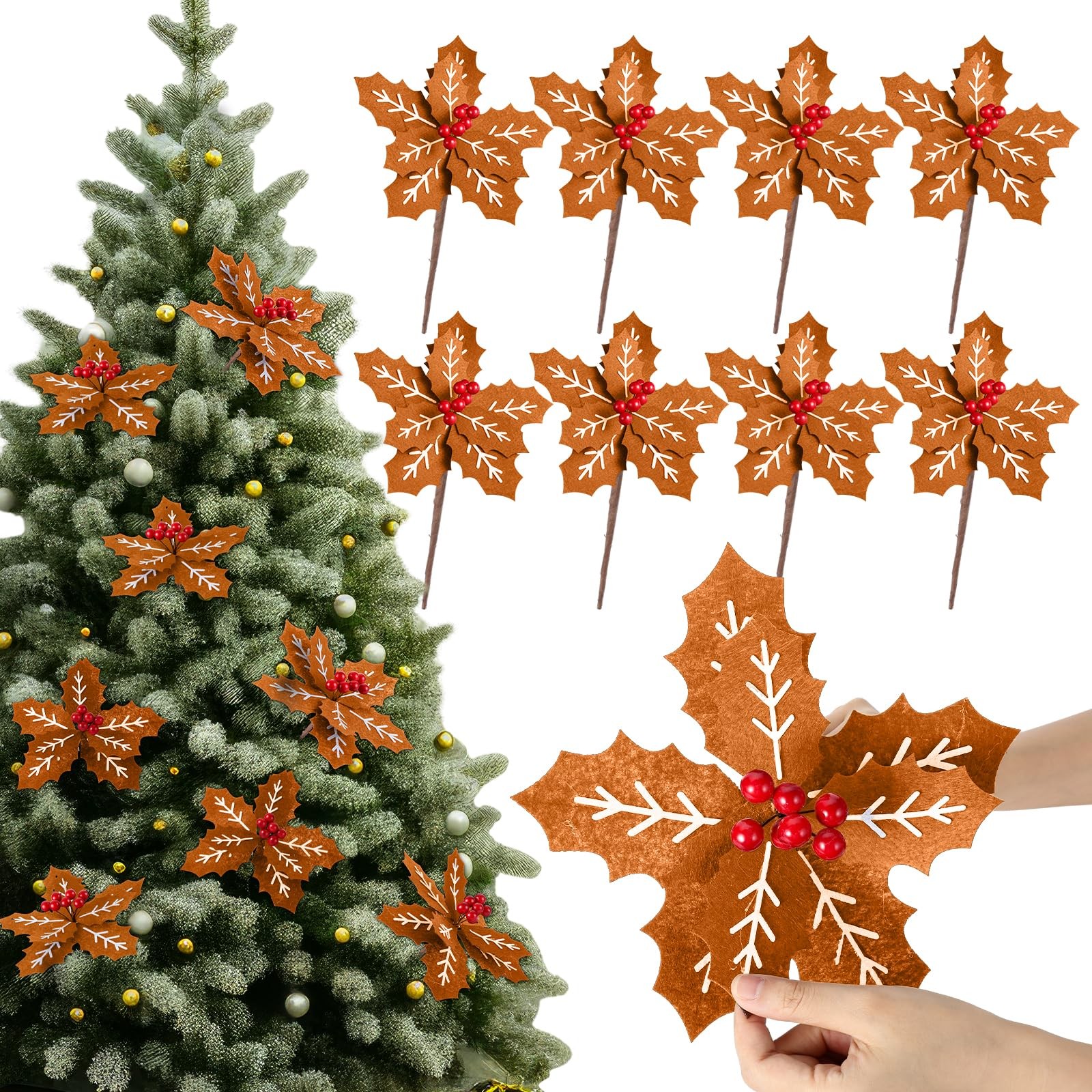 8 PCS 9 Inch Gingerbread Poinsettia Christmas Tree Picks Decorations Felt Art