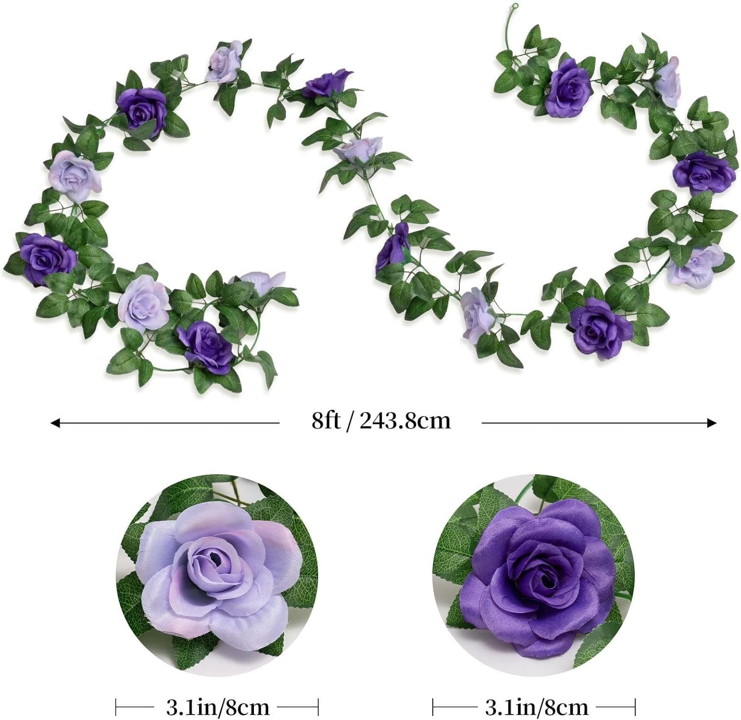 2 Pack 16FT Artificial Rose Garland – Dual Tone Light/Dark Purple Silk Flower…