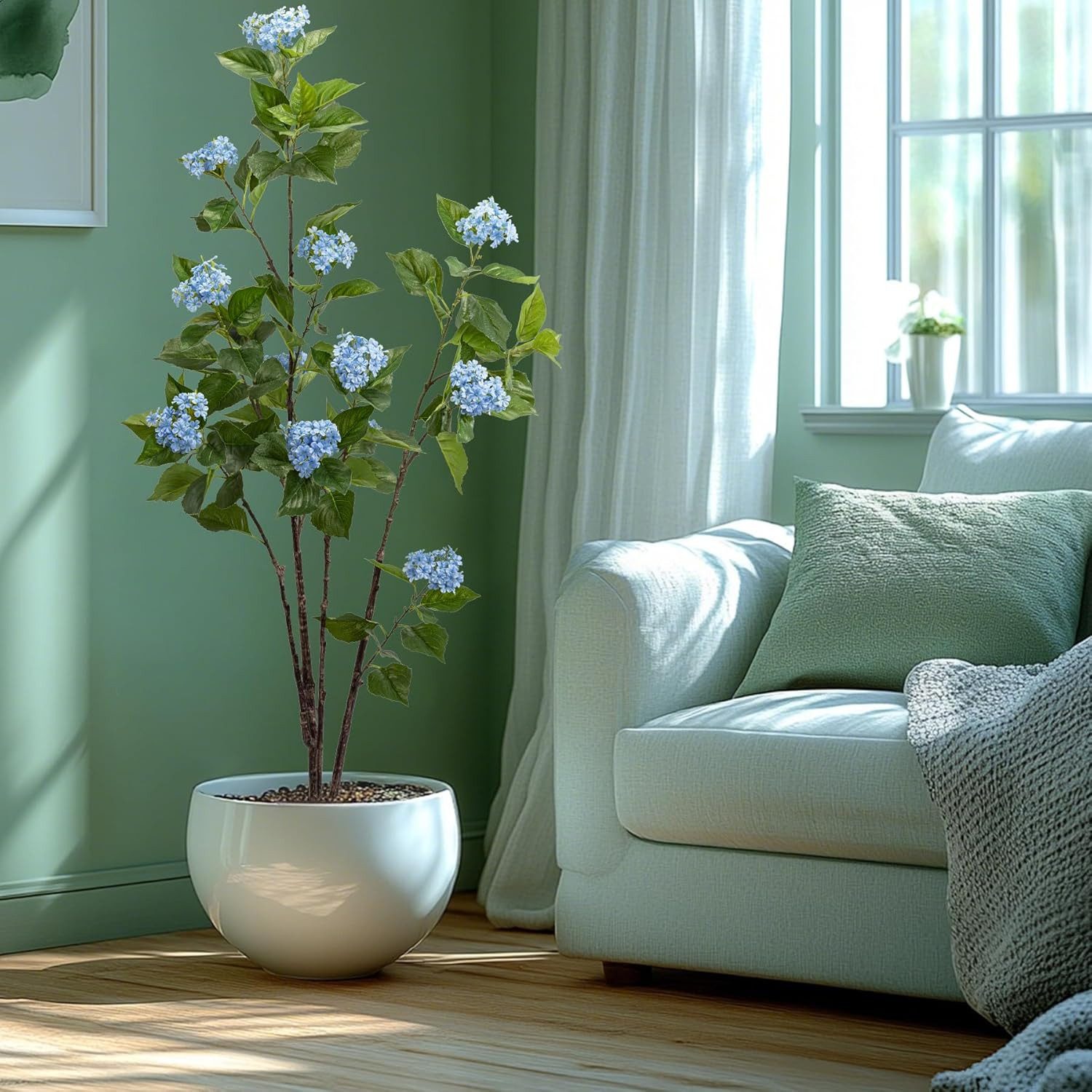6Ft Blue Fiddle Leaf Fig Tree – Artificial Indoor/Outdoor Hydrangea Decor