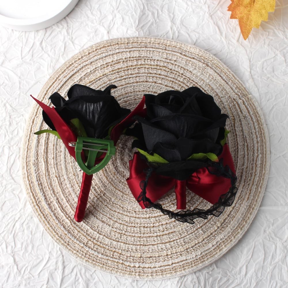 2 PCS Red Black Rose Wrist Corsage Boutonniere Set Wedding Prom Party Decor
