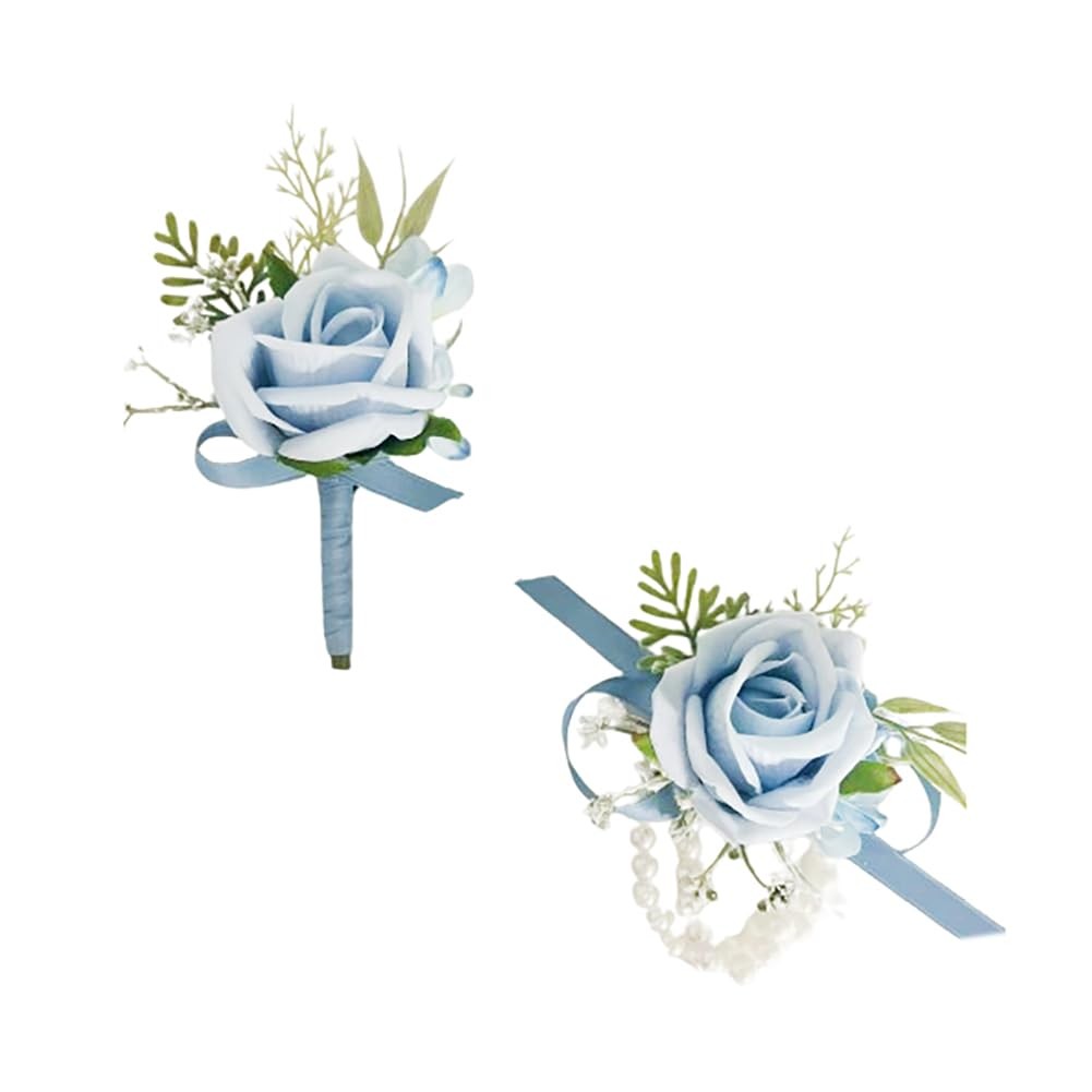 Light Blue Corsage and Boutonniere Set for Wedding Prom, Artificial Rose Baby…
