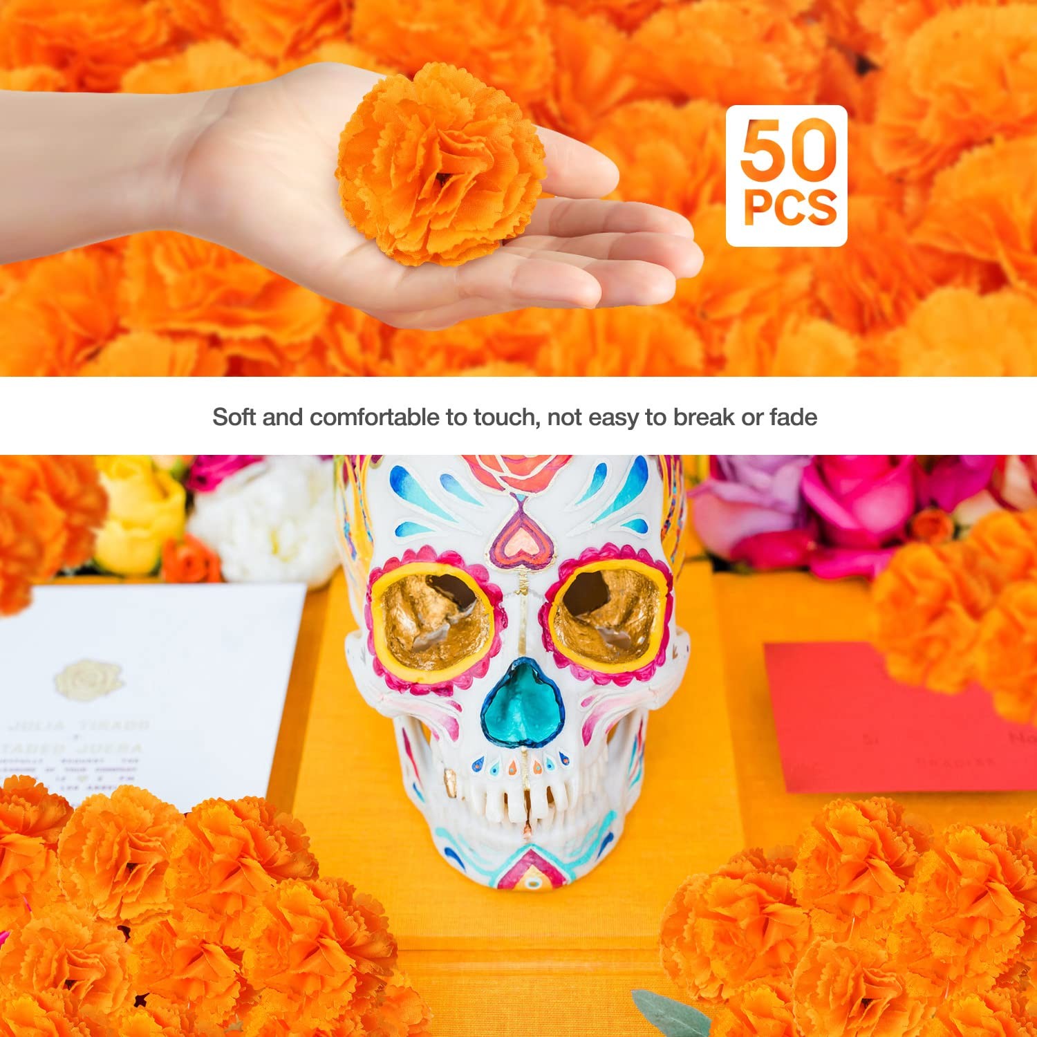 50 Pcs Marigold Flowers Silk Artificial Marigold Flowers, Mexican Flowers Dec…