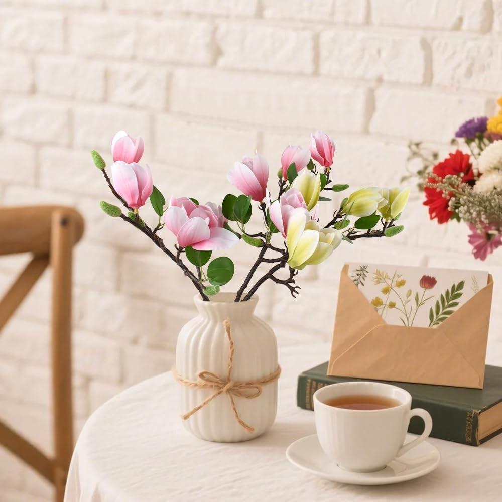 3pcs Artificial Magnolia Flowers, Fake Silk Magnolia Flower Real Touch Branch…
