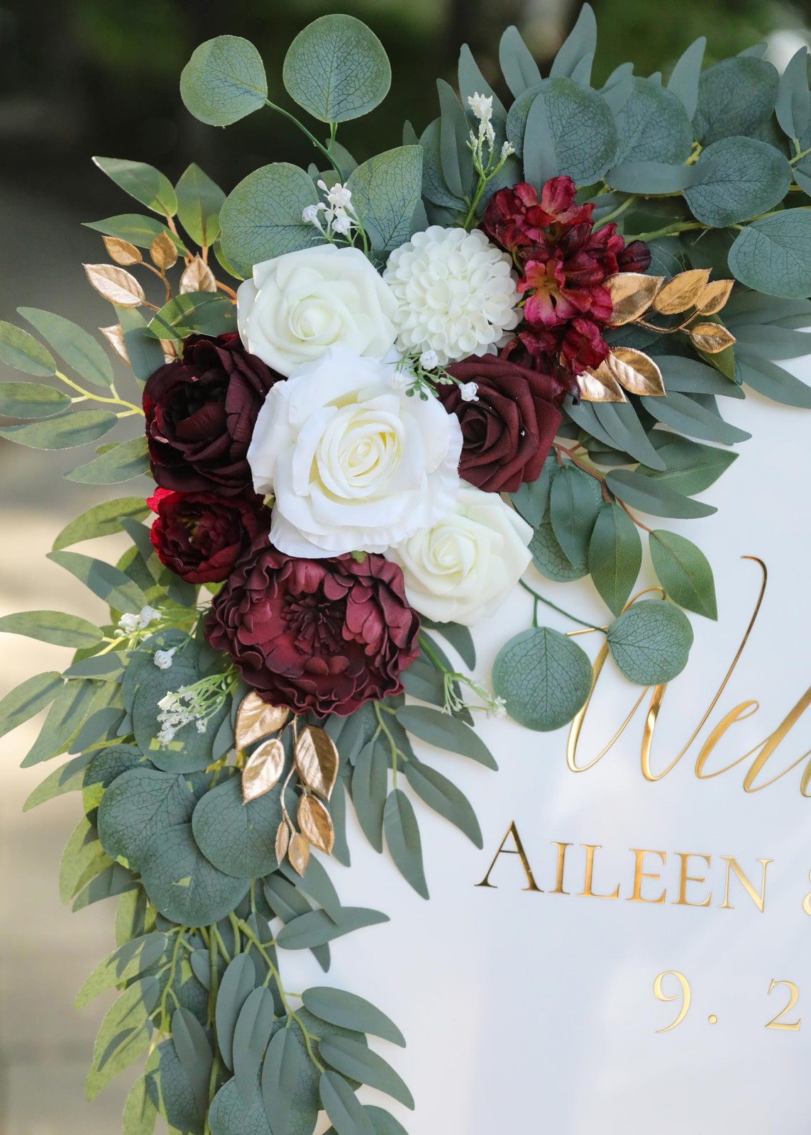 Artificial Burgundy Wedding Arch Flower Swags Set of 2 Welcome Sign Decor