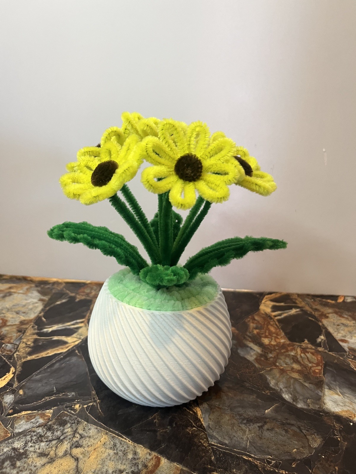 Handmade Yellow PipeCleaner Flowers inWhitePot-Artificial Sunflower Craft Decor