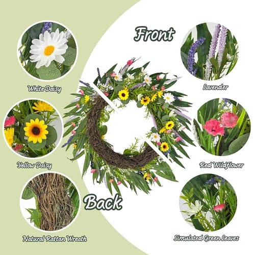 20″ Artificial Summer Wreath for Front Door – Sunflower Daisy Yellow – 20in