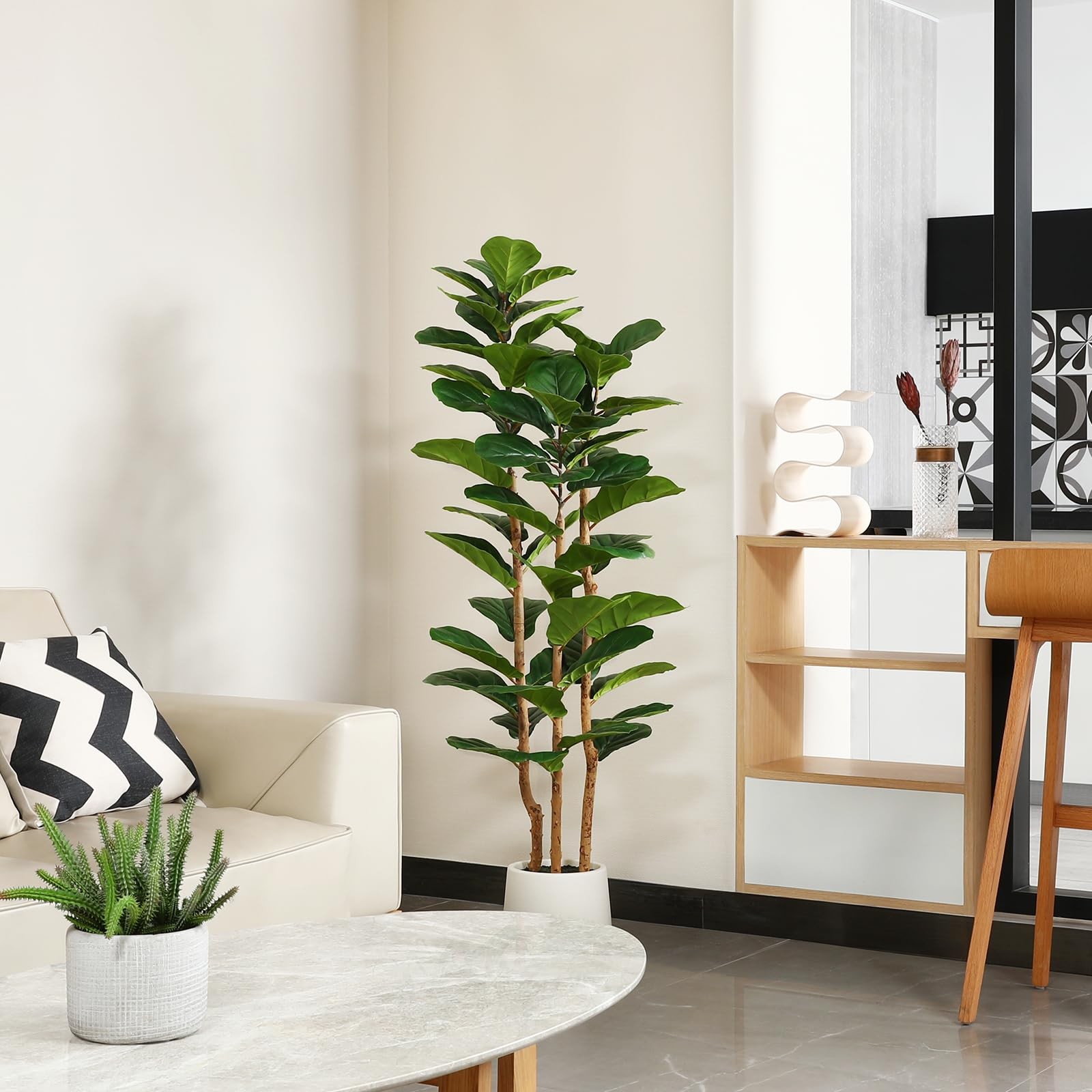Artificial Fiddle Leaf Fig Tree with White Planter,5ft Tall Fake Tree with Na…