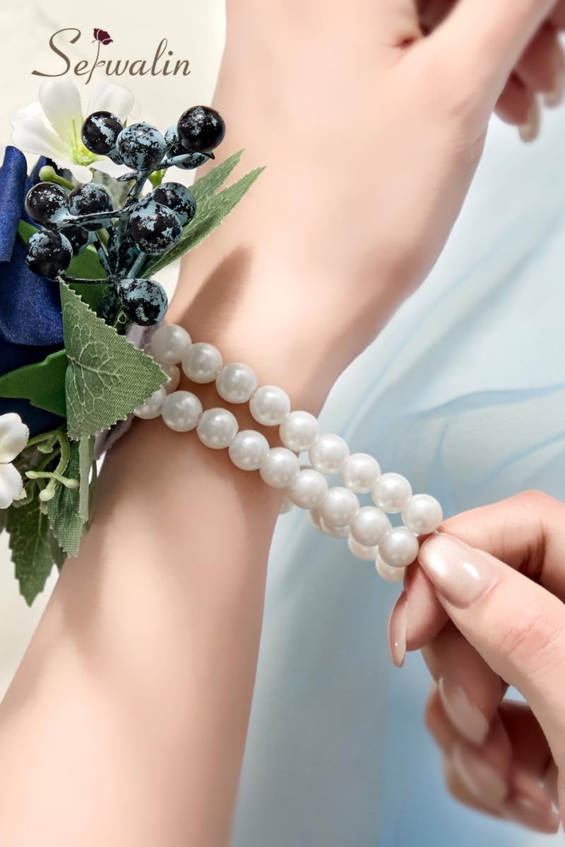 6-7 Inch Navy Blue Wrist Corsage Wedding Bridesmaid Artificial Flowers 2 PCS