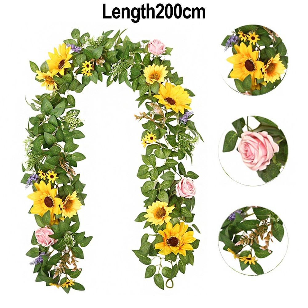 Realistic Sunflower Rattan Garland 200cm Green Plant Indoor Outdoor Decor