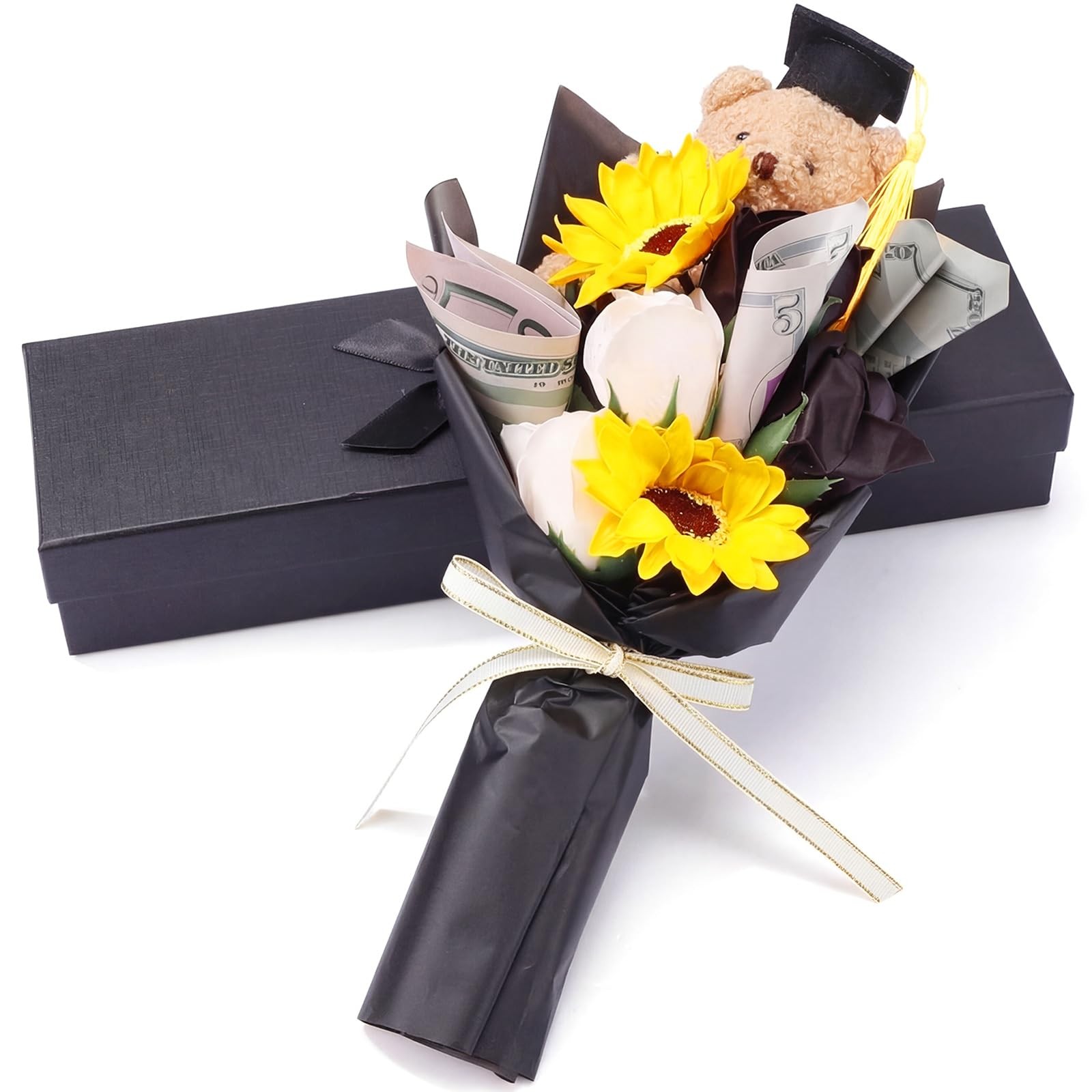 13″ 2026 Graduation Bear Bouquet Rose Sunflower Scented Soap Flower Money Bou…