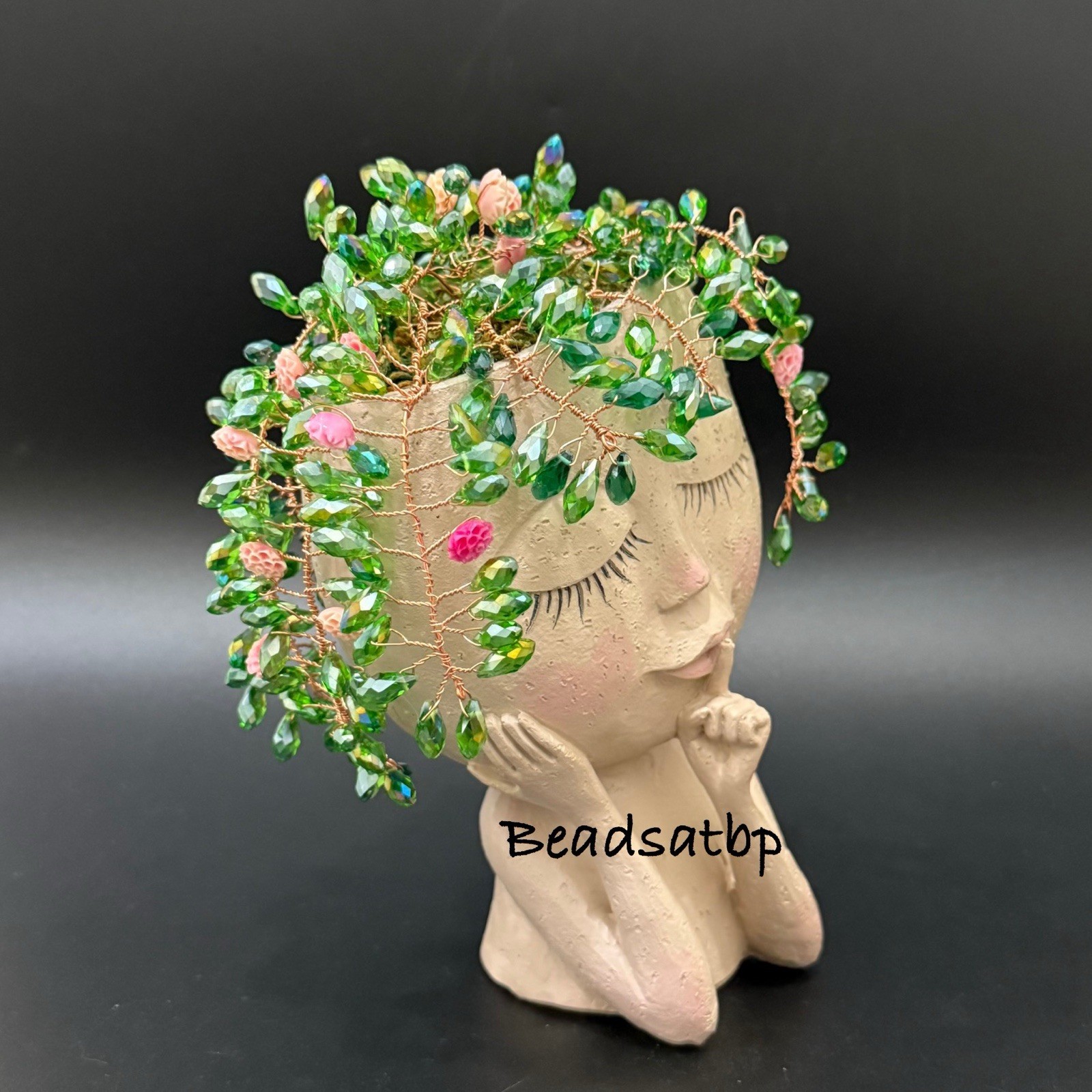 Handmade Beaded Forever Plant Crystal Teardrop Beads Cute 7” Resin Girl Planter