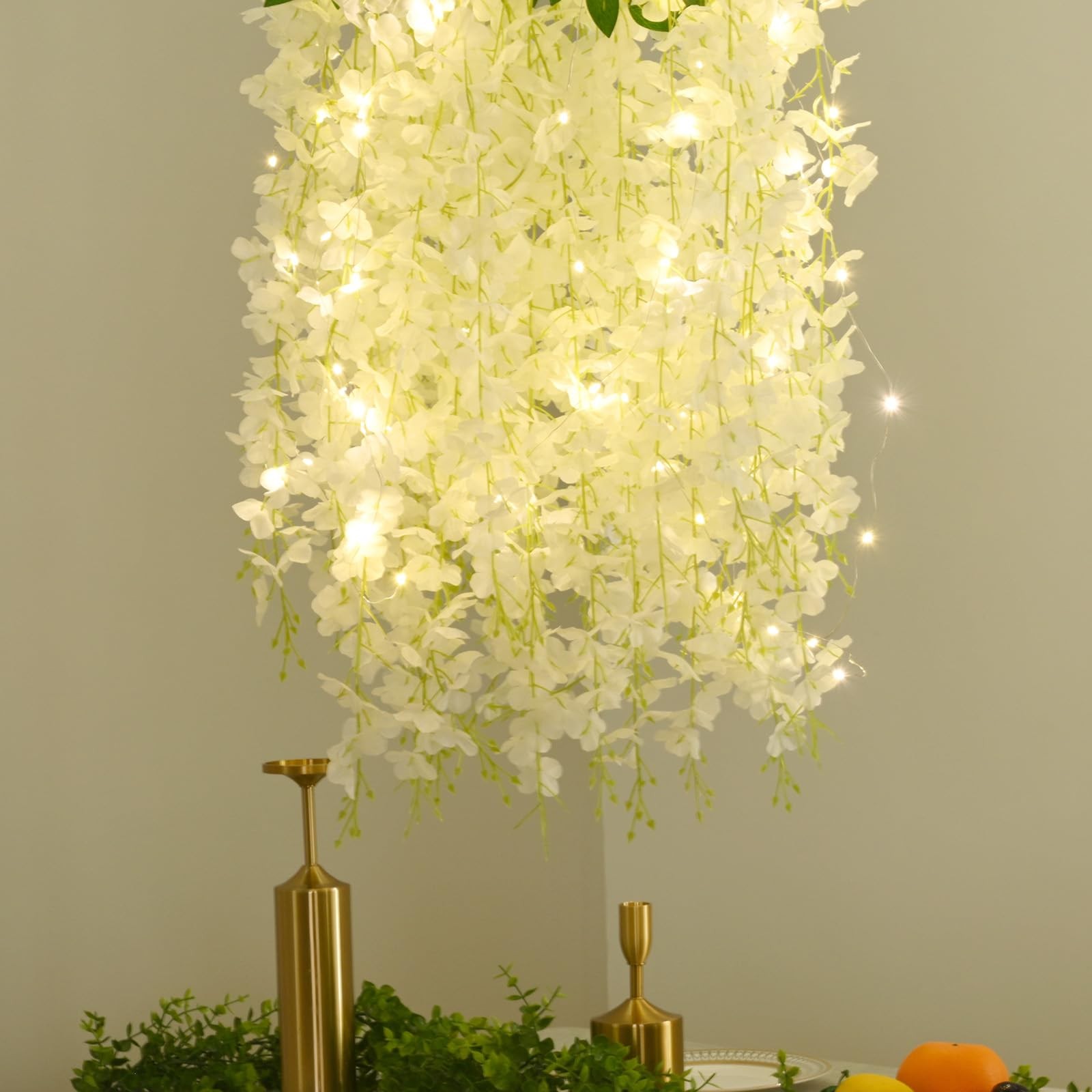 12Pcs Artificial Wisteria Hanging Flowers with Lights, 3.6Ft/Pcs White Fake W…