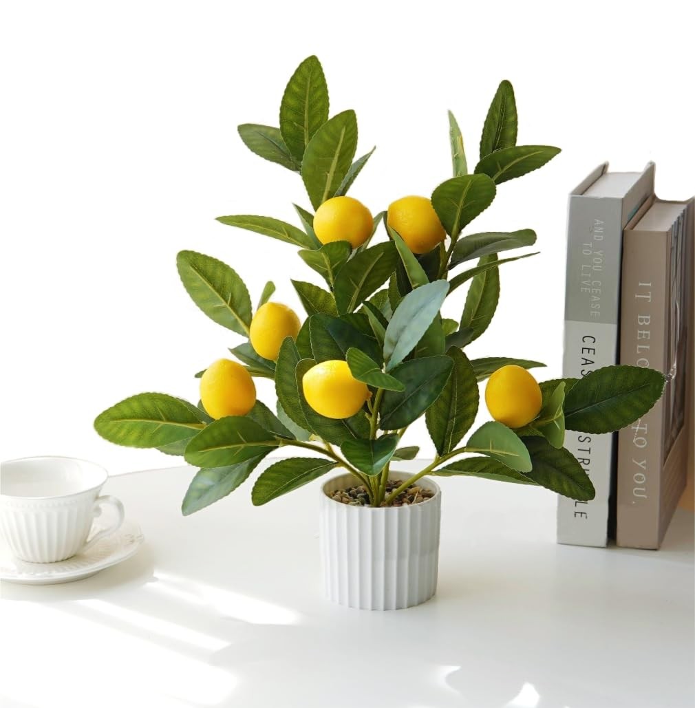 Artificial Lemon Tree in Pot, 15.7″ Real Touch Faux Plant for Home Office Des…
