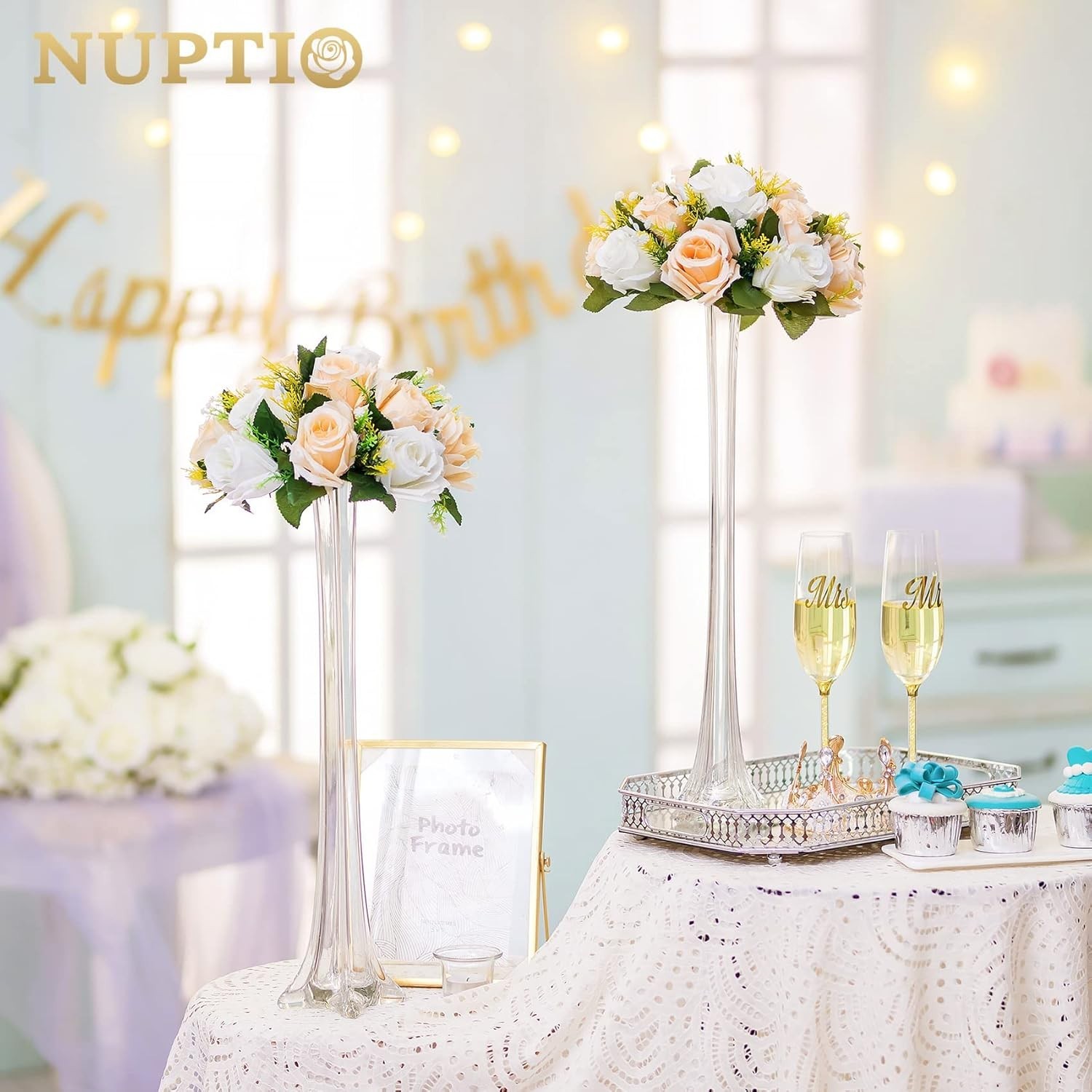 10 Pcs Artificial FLOWERS Center pieces for Tables : Peach & White Flower Ball