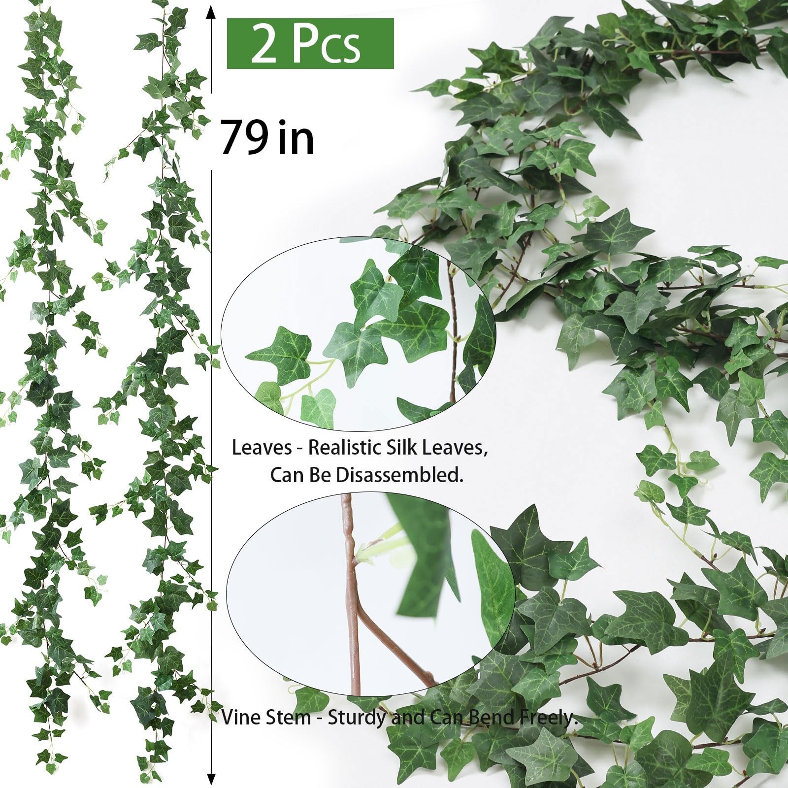 2 Strands Artificial Vines Ivy Garland 79″ Fake Vine with Silk Green Leaves F…