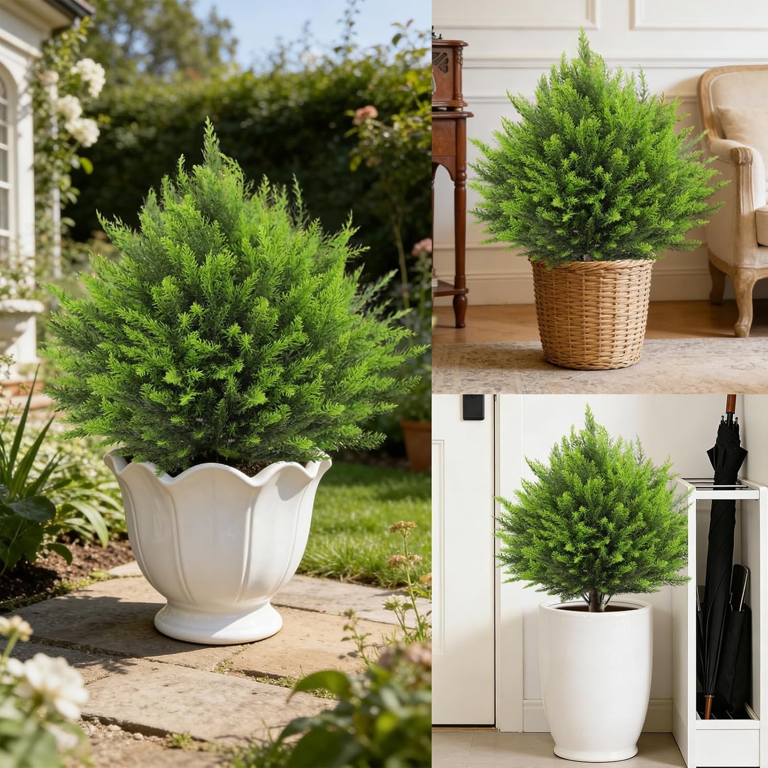 2 Set Artificial Cedar Topiary Ball Trees with Spike, 24″ UV Resistant Fake E…