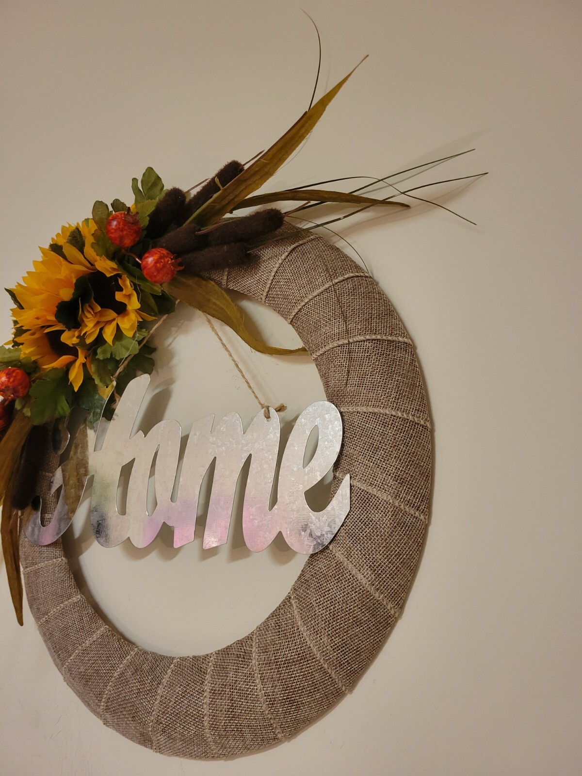 HOME Sunflowers Cat tails Mini Pomegranates burlap WREATH FALL Decor Front Door