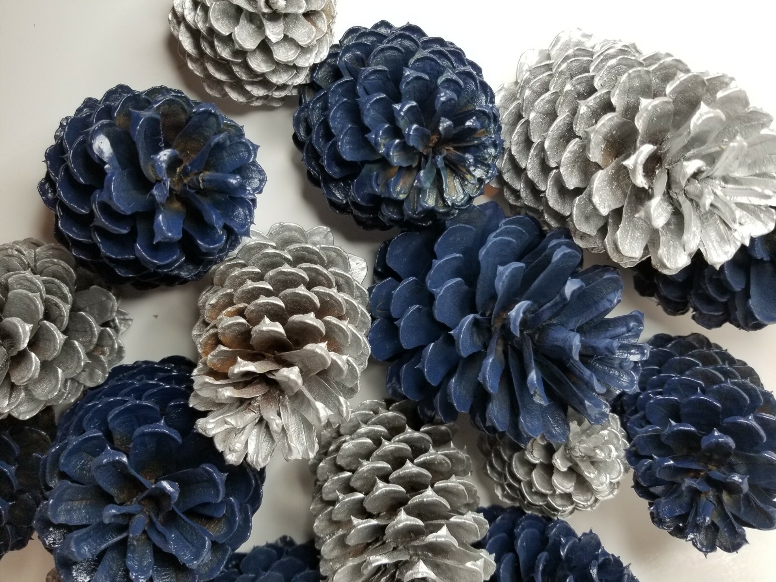 🎅15 Royal Blue & Silver Pine Cones Hand Painted Natural Premium Ponderosa Cones