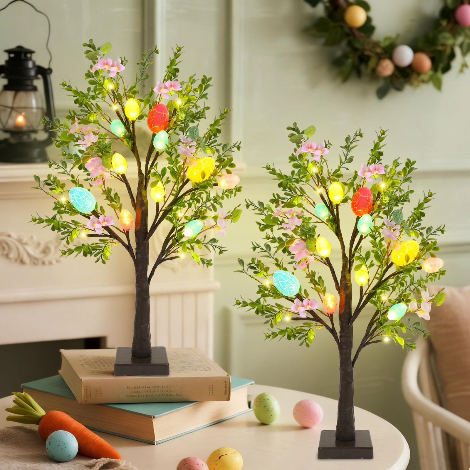 Easter Decor Set of 2 Lighted 24 Inch Artificial Tree with Easter Eggs & Colorfu