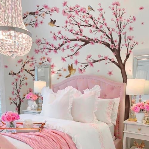 Pink Cherry Blossom Floral Birds Wall Decals Large Cherry Blossom Tree Branch Wa