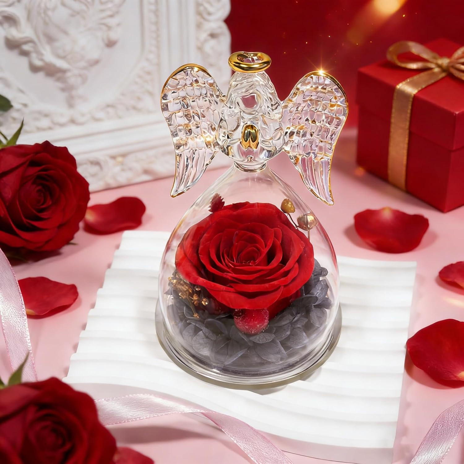 Gifts for Mom Birthday Gifts for Women Real Roses in Glass Angel Figurine