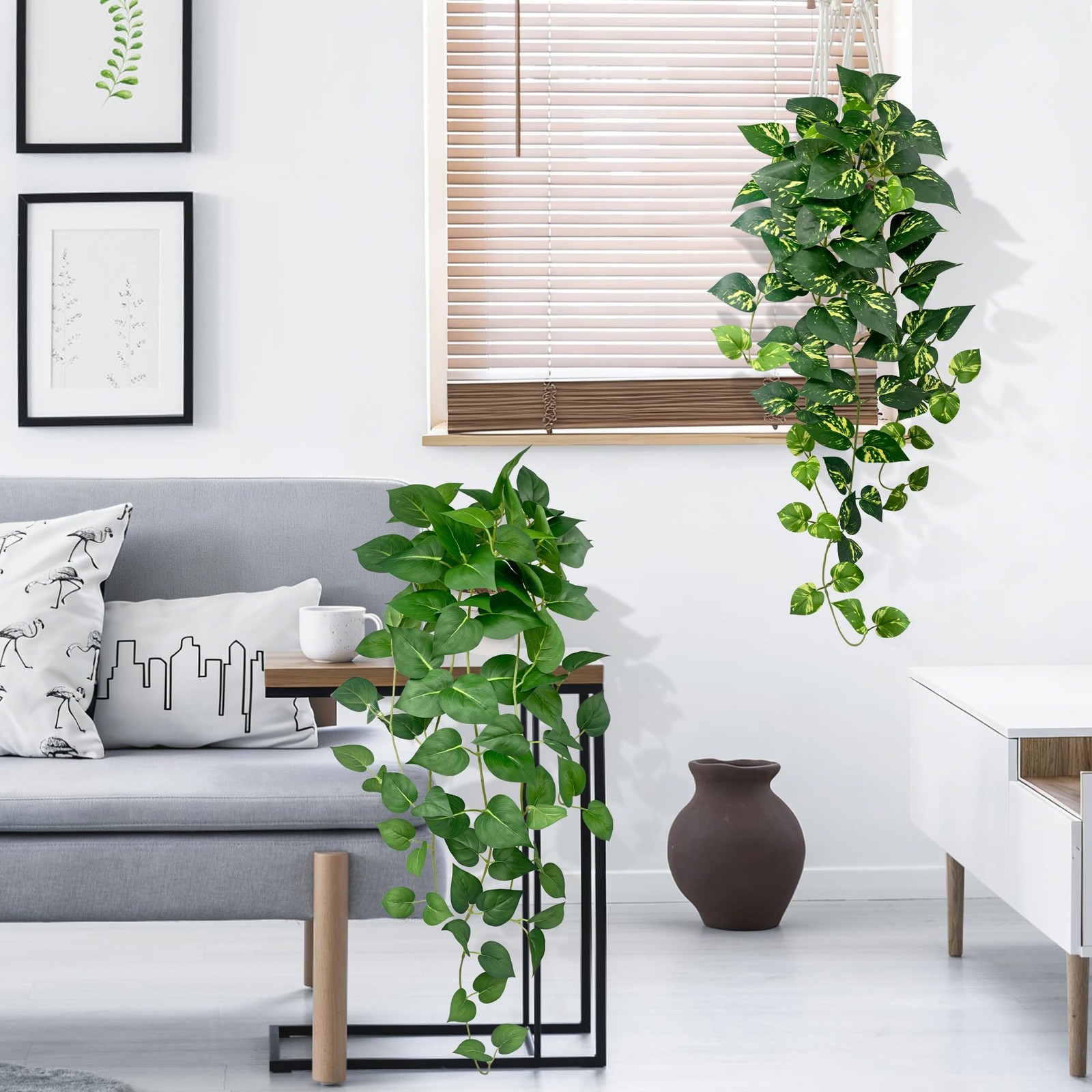 Artificial Hanging Plants 23.6” Long with White Pots – 2 Pack Faux Pothos Decor