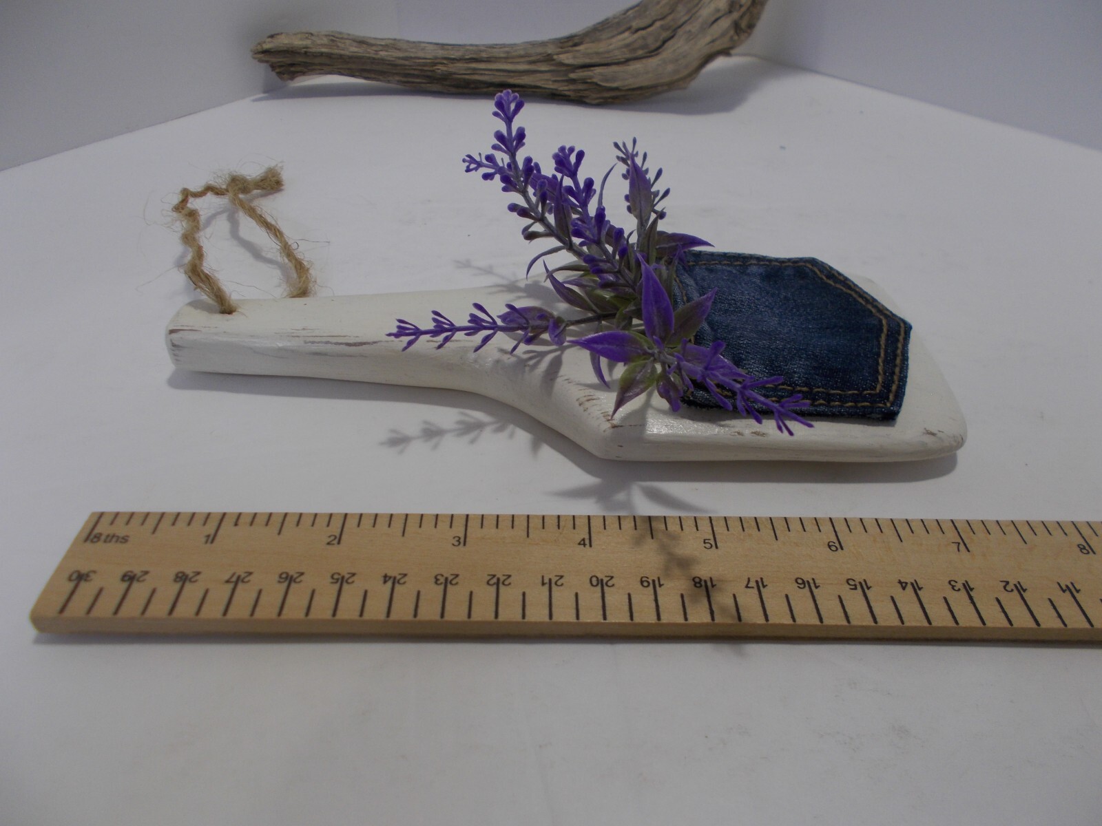 Butter Paddle Small Wooden with Small Denim Pocket of Faux Lavender Handcrafted