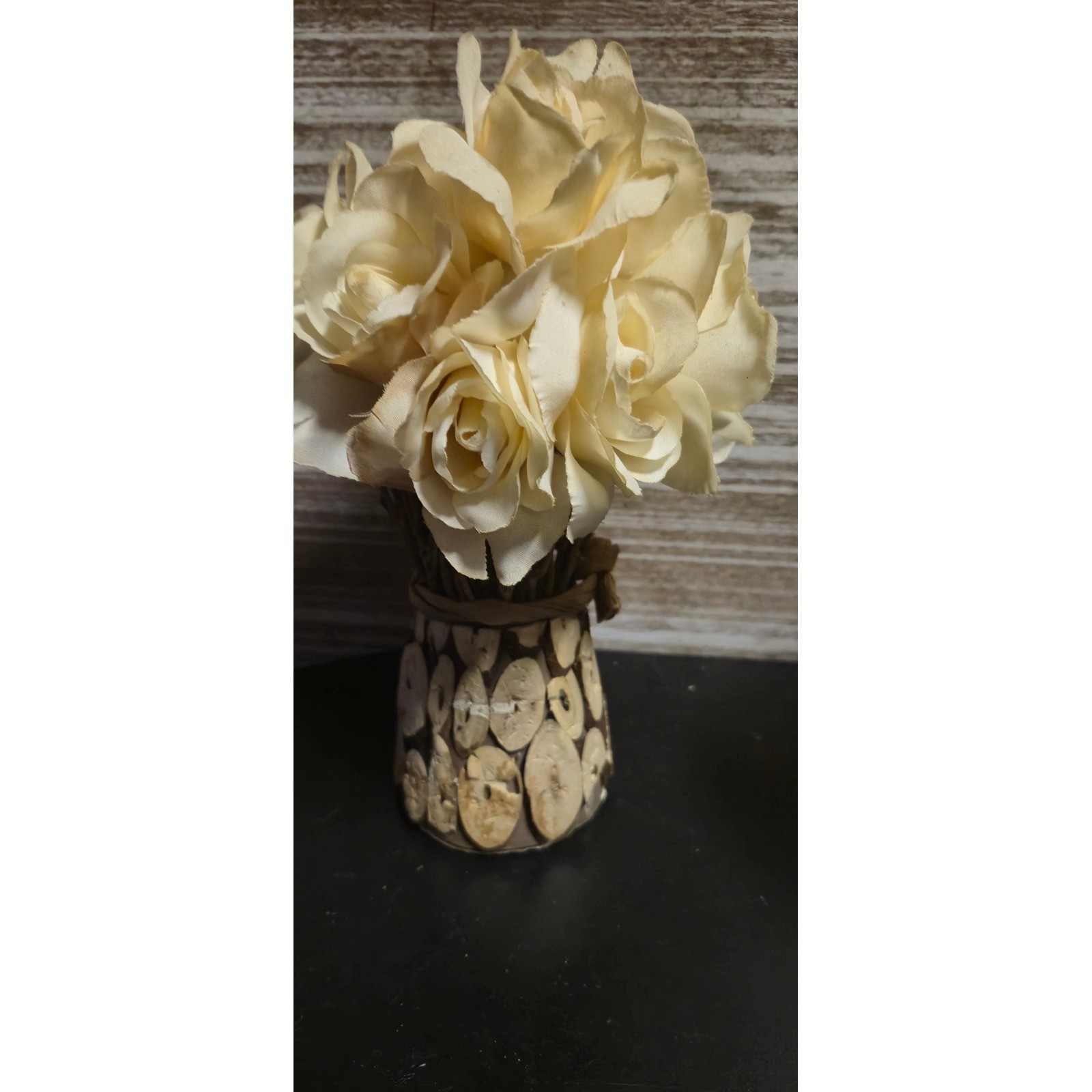 Cream Faux Rose Floral Arrangement in Rustic Wood Slice Base Farmhouse Decor