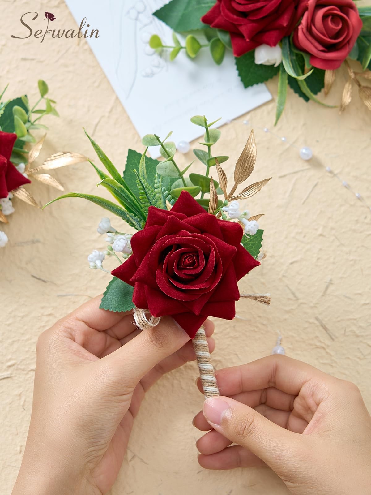 Red Rose Corsage Boutonniere Set For Men Wrist Wristlet Prom Homecoming