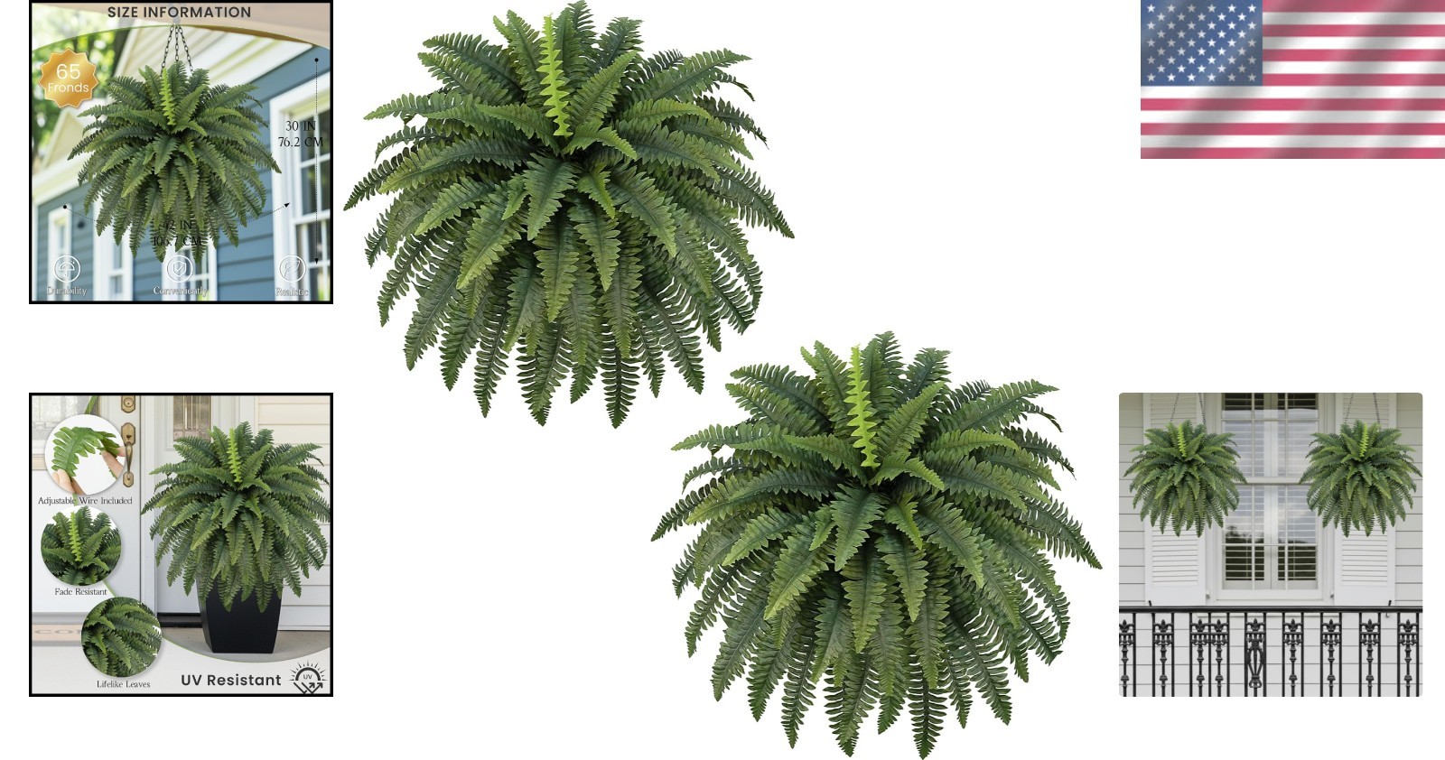 42” Artificial Boston Fern Sets of 2, UV-Resistant, Washable, Realistic