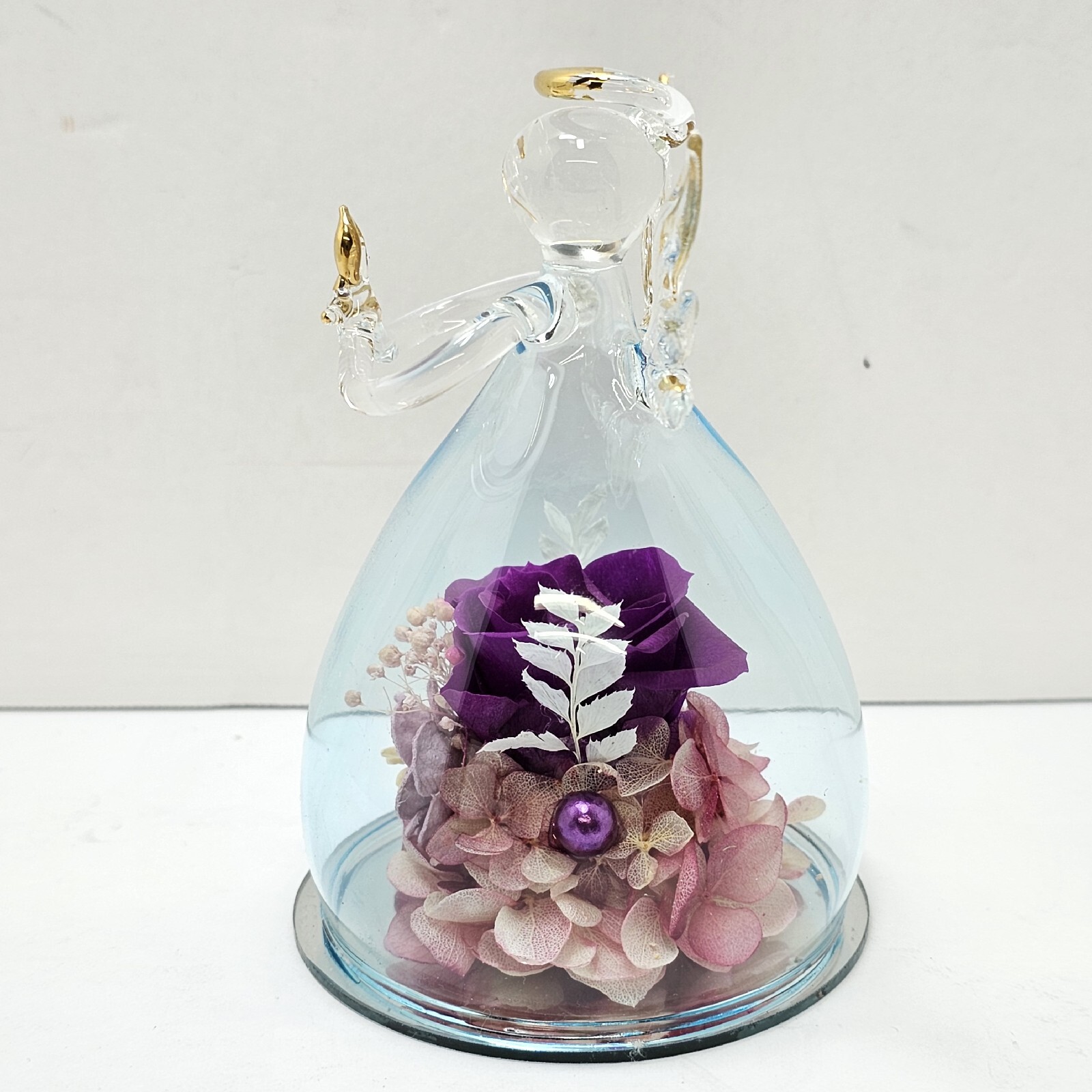 ANLUNOB Eternal Rose Glass Angel Figurine Purple Flower Hand Blown Sweetheart