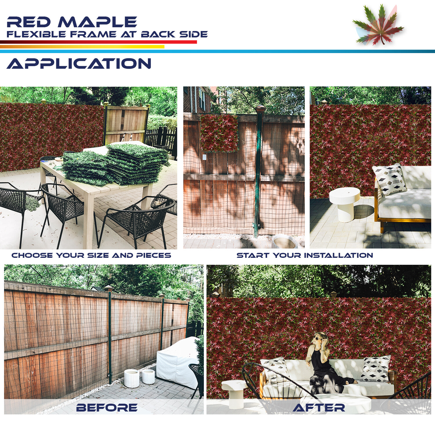 20″ Artificial Faux Red Maple Leaf Privacy Fence Screen Ficus Decor Mats Hedge