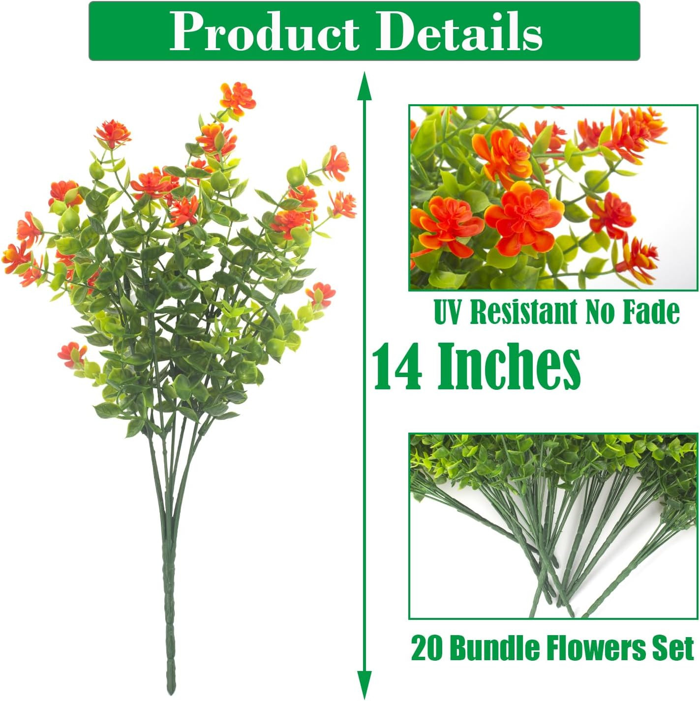 UV Resistant Orange Artificial Flowers – 20 Bundles for Garden & Decor