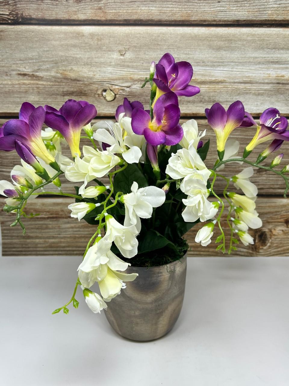 15″ Silk White & Purple FREESIA flowers in 5″ rustic Silver Metal Pot, handmade