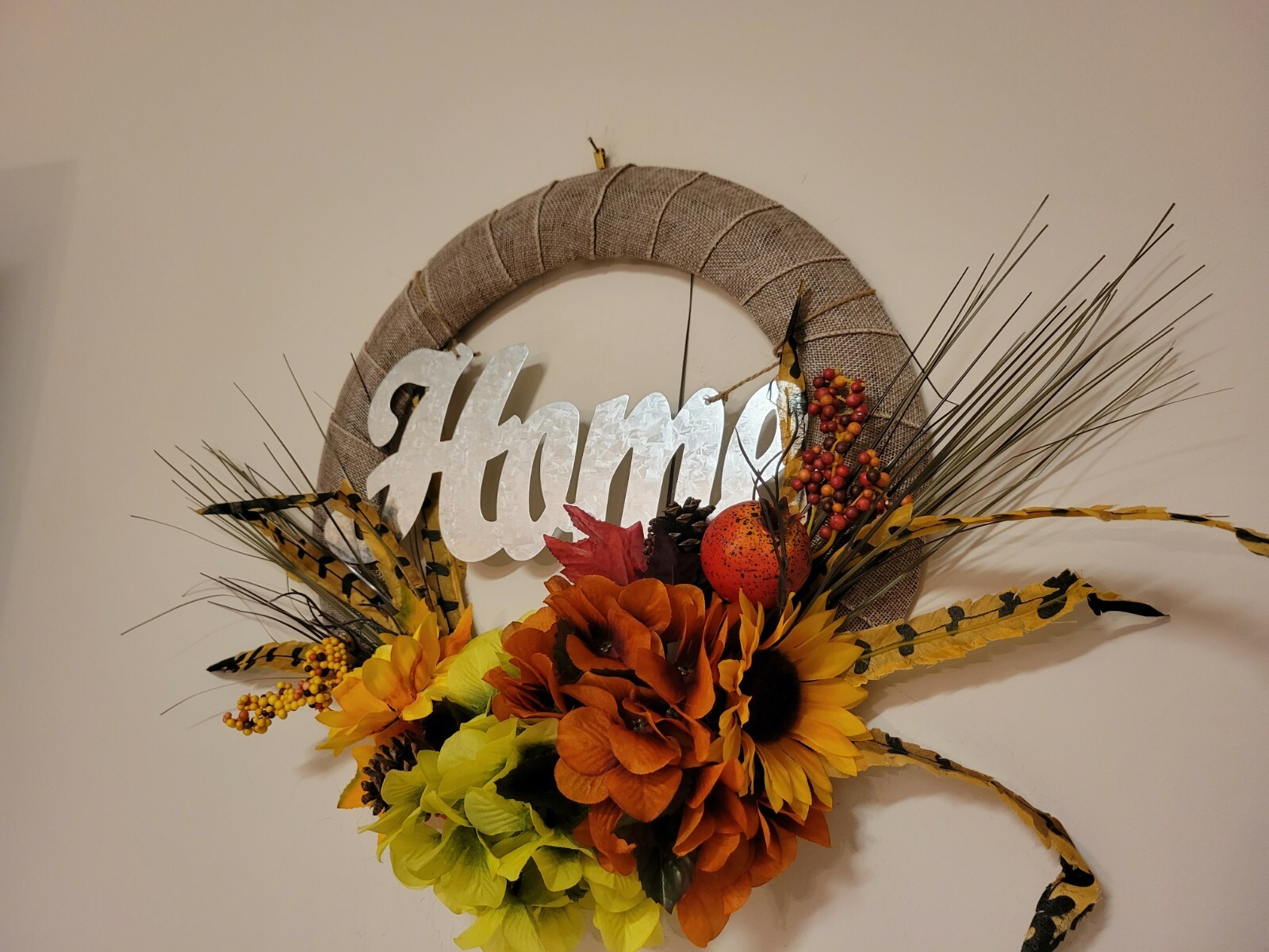 HOME Sunflower Hydrangeas Feather Mini Pomegranate burlap WREATH FALL Front Door