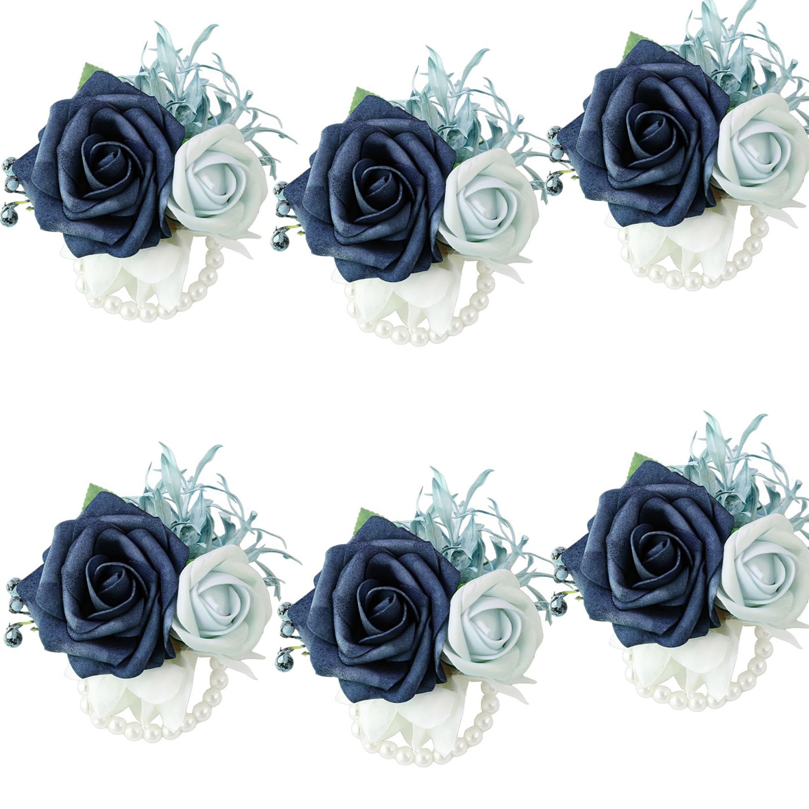6 Pcs Navy Blue Wrist Corsage, Bride, Bridesmaid, Wedding, Prom, Party, Ceremony