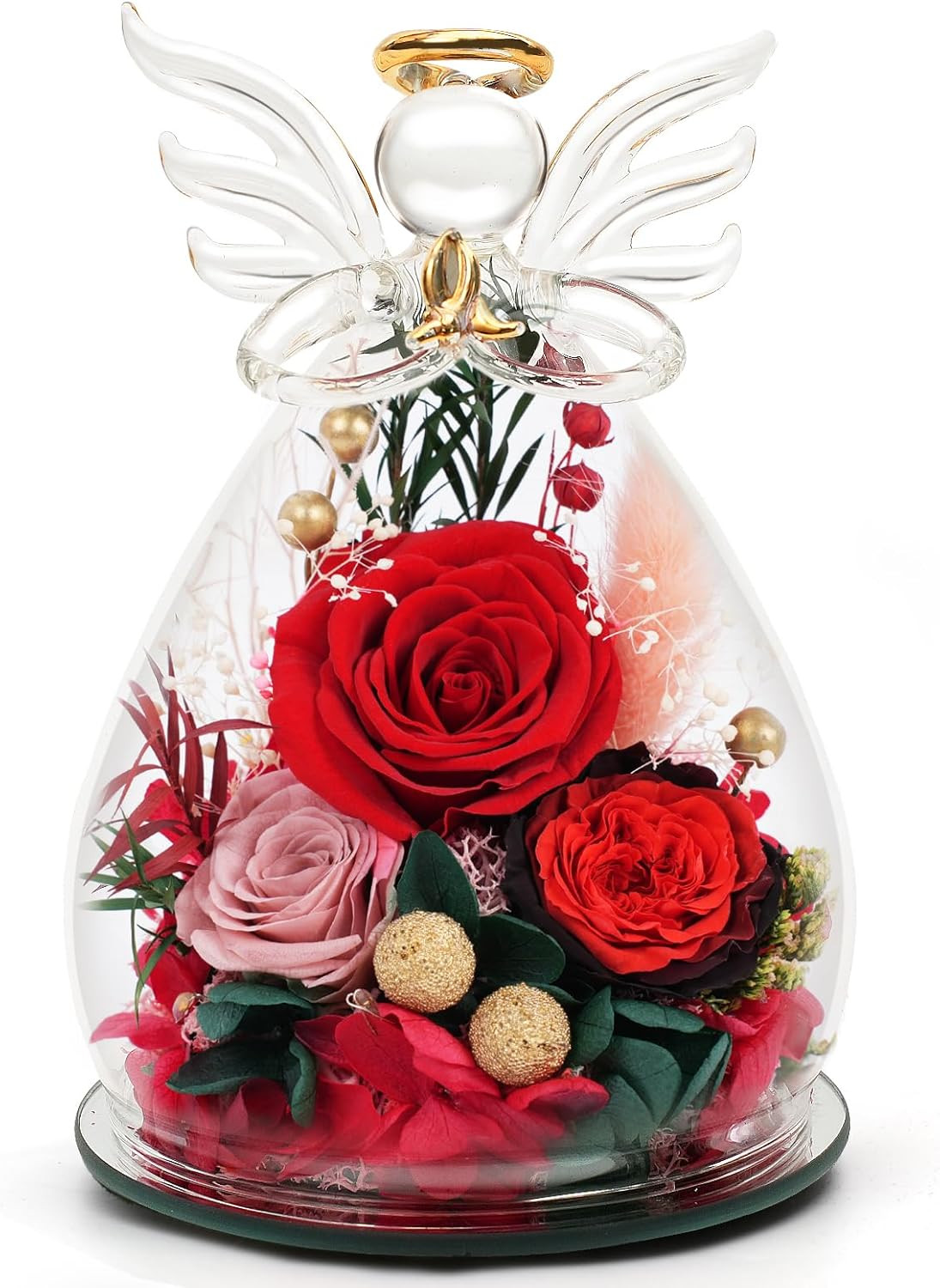 Womens Day for Mom Women, Preserved Rose in Glass Angel Figurines, Real Fresh Fl