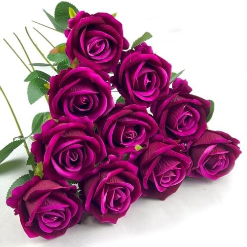 10 PCS Artificial Roses with Long Stems Silk Flowers Realistic Foam Rose Red