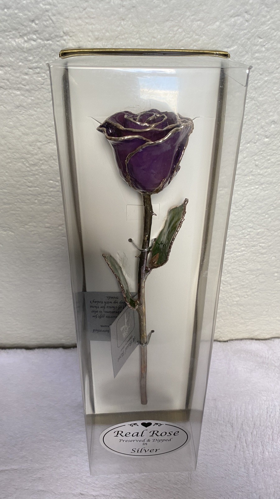 NEW UNOPENED Gift Box Lilac Purple Lacquer Dipped Silver Real Rose Decor