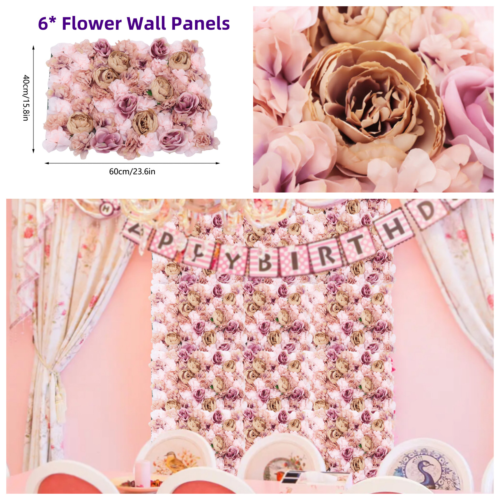 60x40cm Silk Rose Artificial Flower Wall Panel Wedding Party Backdrop Decoration