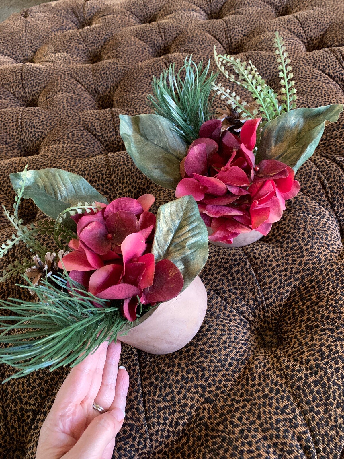 2 Red Hydrangea Floral Plant Greenery Faux Silk Stone Pot 7” Decor Accent