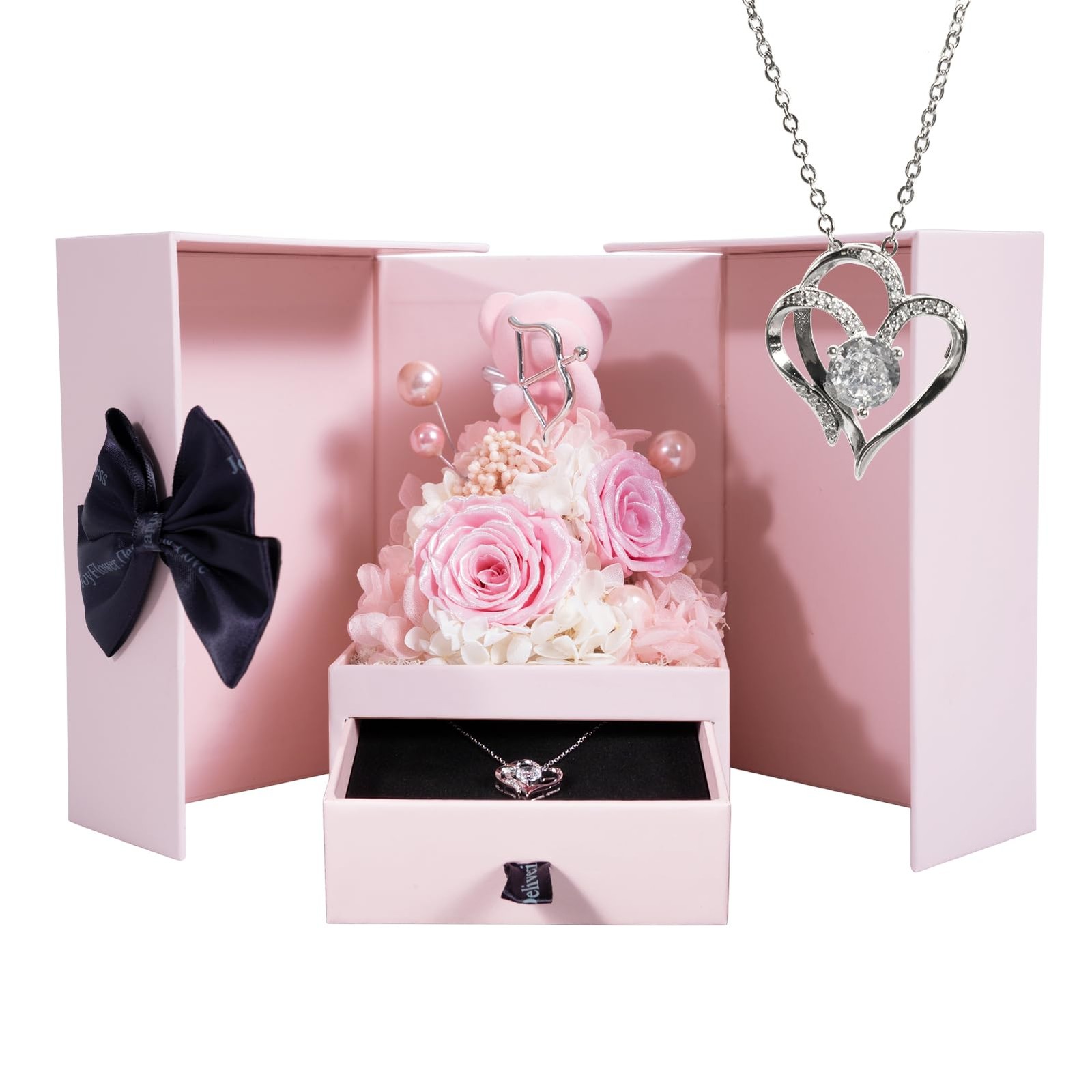 Preserved Flowers Bear with Necklace Gifts for Girlfriend, Pearl Rose Cupid B…